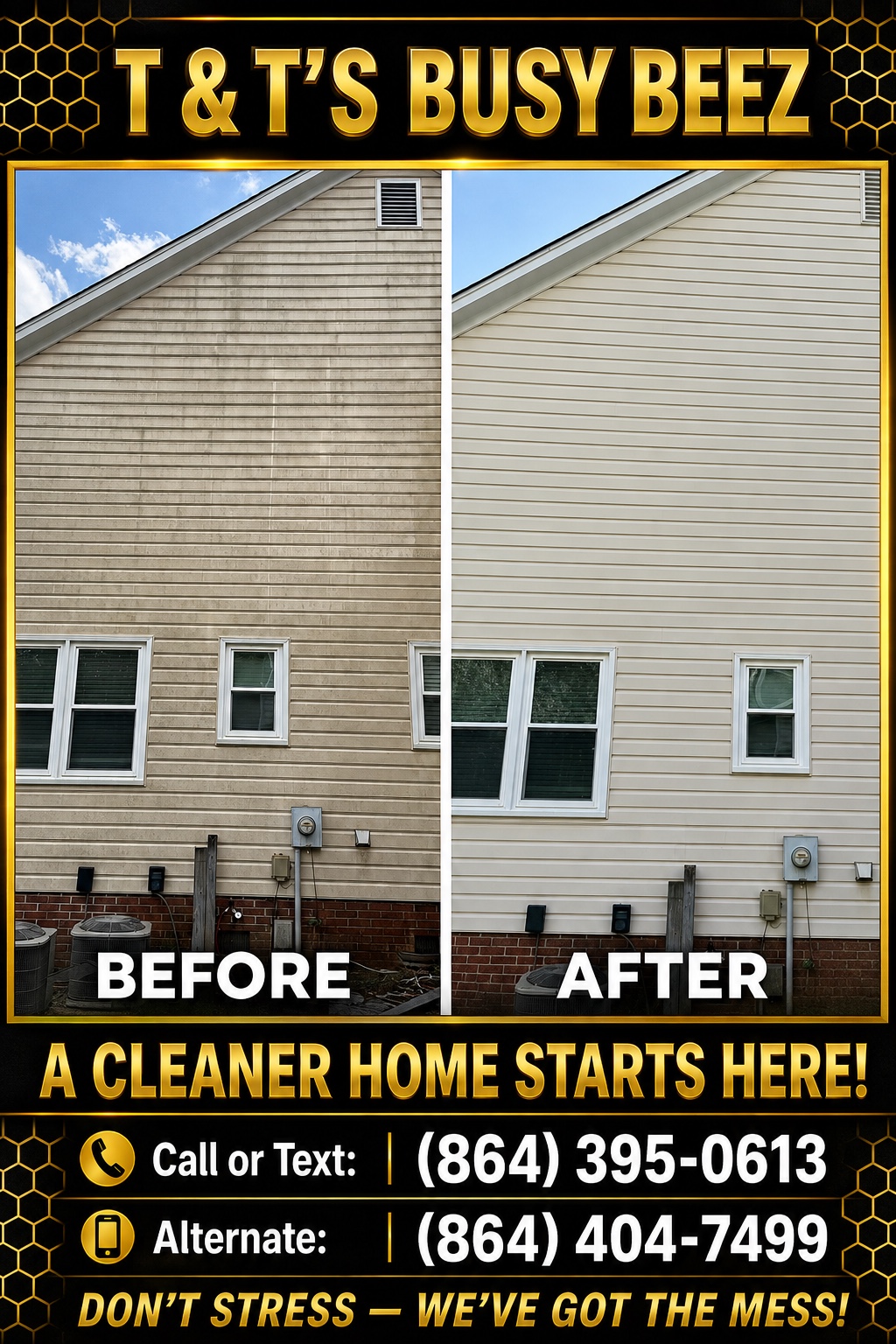 Tall exterior wall before and after soft washing
