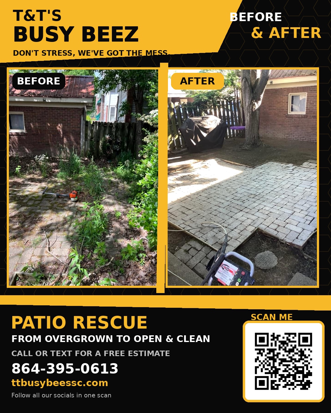 Overgrown patio cleanup before and after