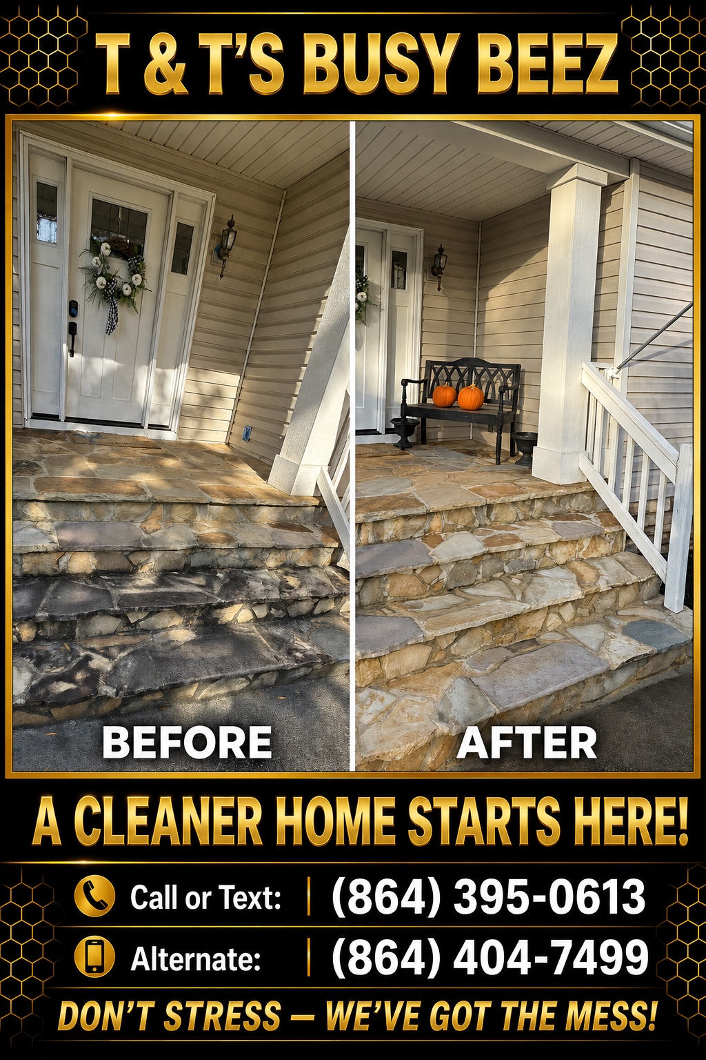 Stone porch steps before and after cleaning