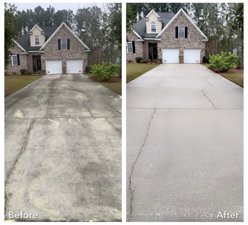 Driveway before and after pressure washing